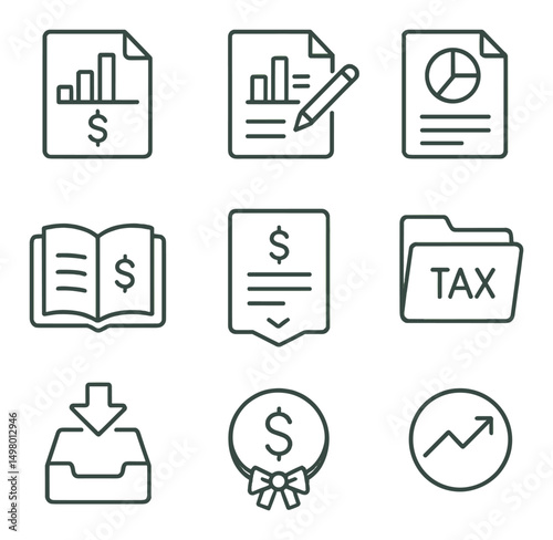 Finance and accounting linear icons set. budget and taxation symbols