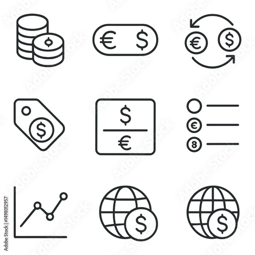 Economy and finance linear icons set. currency exchange and money management symbols