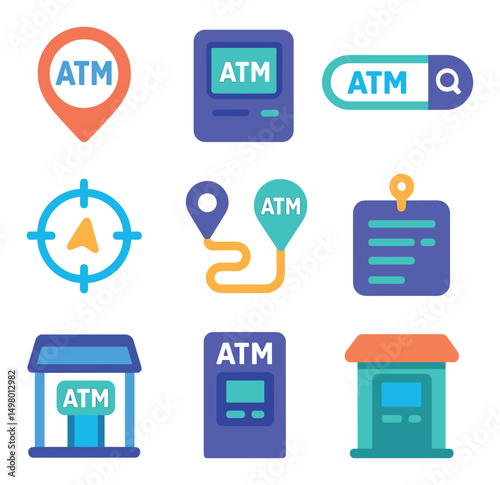 Atm and navigation neon icons set. bank, location, finance symbols