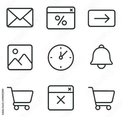 Email and multimedia linear icons set. messaging and digital symbols collection