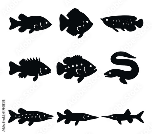 Aquatic animals silhouette icons set. marine and freshwater life symbols