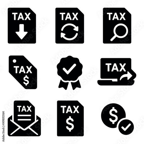 Tax and finance silhouette icons set. accounting and payment symbols