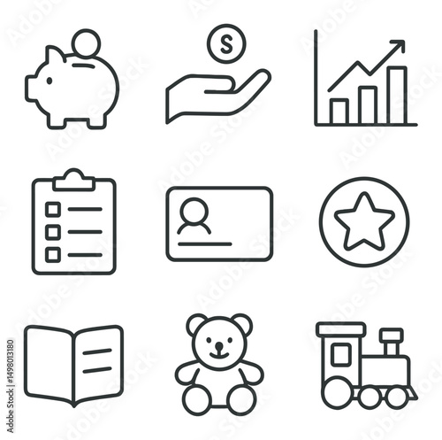 Finance and toy linear icons set. savings, investments, and playtime symbols