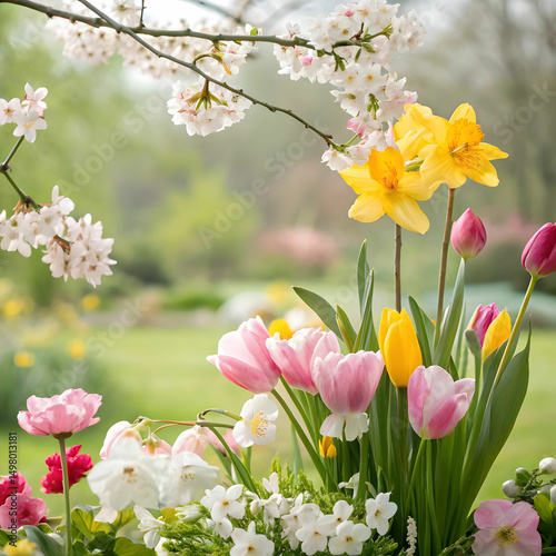 A charming collection of spring flowers in full bloom, showcasing vibrant colors and delicate petals, perfectly captures the essence of renewal, freshness, and the beauty of the season.