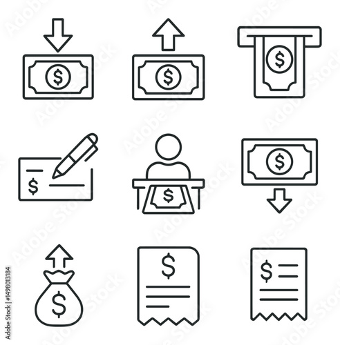 Finance and banking linear icons set. money and transaction symbols