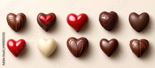 Heart-shaped chocolates arranged on a light beige background