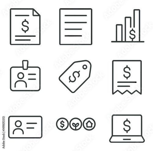 Finance and business linear icons set. budget and accounting symbols