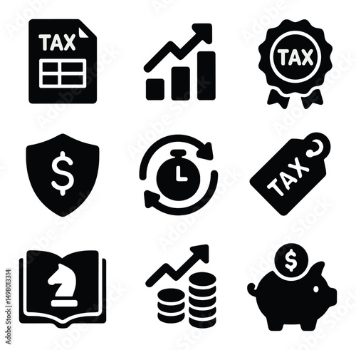 Tax and finance silhouette icons set. economy and financial symbols collection