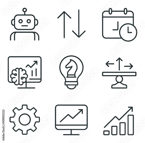 Business and productivity linear icons set. office, strategy, and growth symbols
