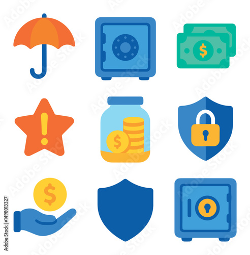 Finance and security flat icons set. money safety and savings symbols collection