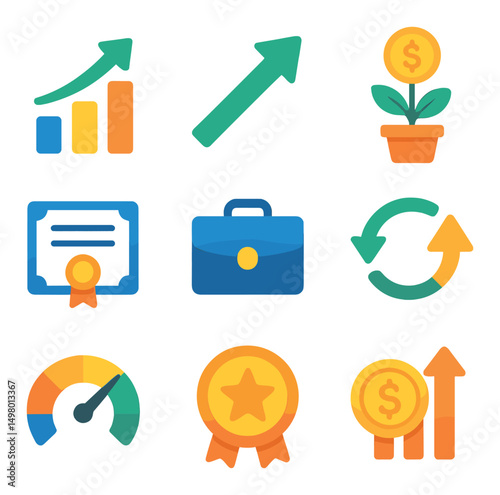 Business and finance flat icons set. corporate and investment symbols