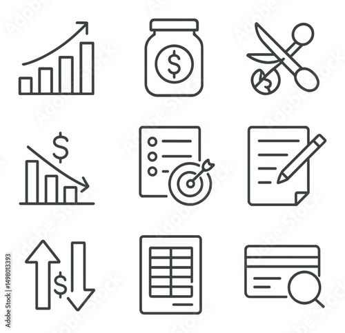 Finance and business linear icons set. financial management and accounting symbols