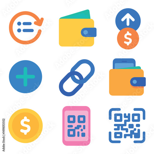 Finance and business flat icons set. money, banking, and economic symbols
