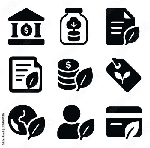 Eco-friendly finance silhouette icons set. sustainable and green economy symbols