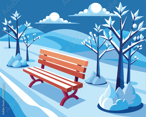 Snowy Park Bench. A Serene Winter Landscape