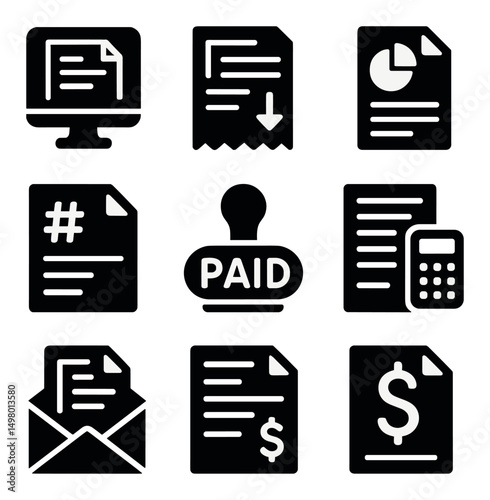 Finance and accounting silhouette icons set. budgeting and invoice management graphics