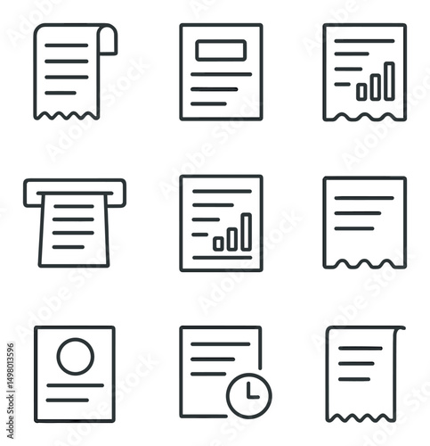 Business documents linear icons set. office paperwork and finance symbols
