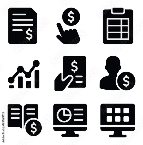 Financial and business silhouette icons set. monetary and commerce symbols collection
