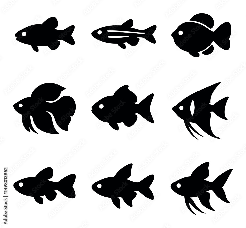 Naklejka premium Aquarium silhouette icons set. fish and aquatic life symbols