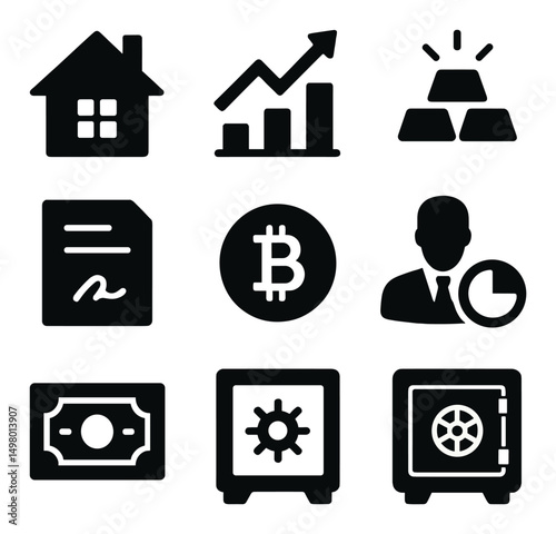 Finance and business silhouette icons set. money management and growth symbols