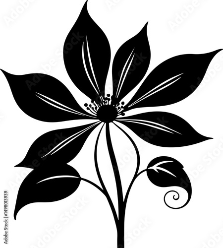 Detailed black flower silhouette with elegant petals and delicate stamen, perfect for sophisticated floral designs, nature-inspired motifs, and artistic accents.