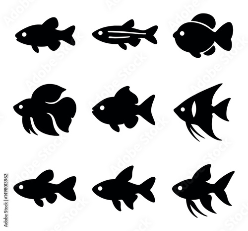Aquarium silhouette icons set. fish and aquatic life symbols