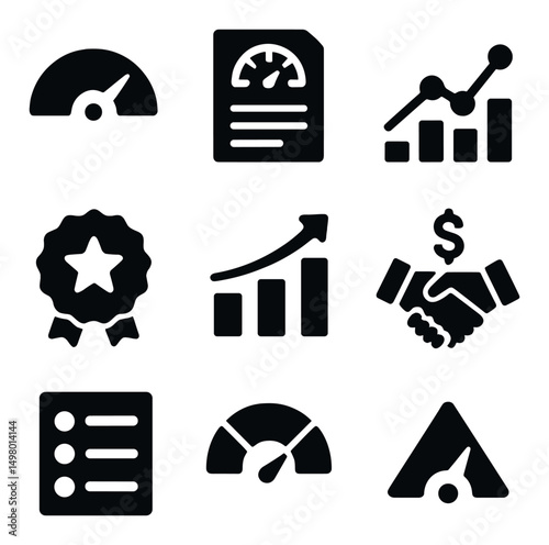 Business performance silhouette icons set. analytics and metrics symbols