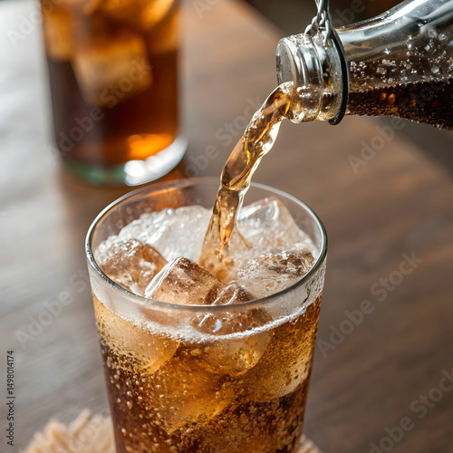 A refreshing vertical shot of soda being poured into a glass filled with ice, capturing the fizz, bubbles