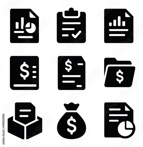 Finance silhouette icons set. budget, money management, and accounting symbols