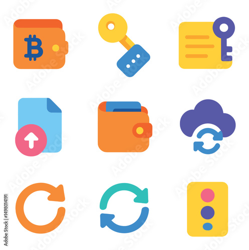 Cryptocurrency wallet and exchange flat icons set. digital finance and blockchain symbols