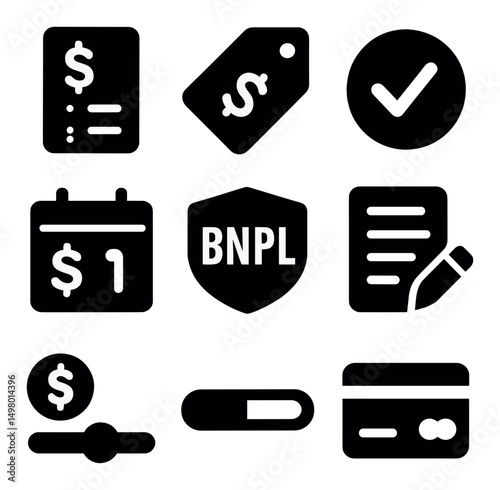 Financial technology silhouette icons set. payment and transaction management symbols