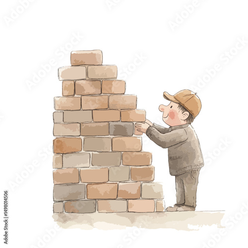 Child Builder Constructing a Beige Brick Wall