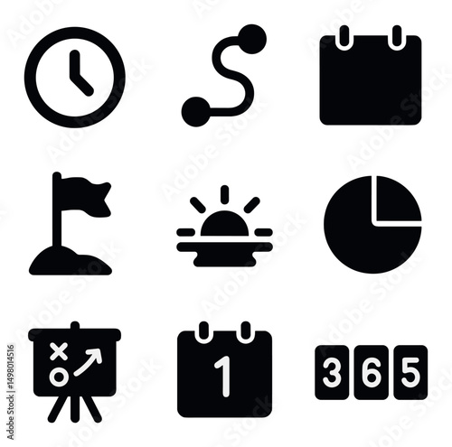 Business management silhouette icons set. strategy and planning symbols