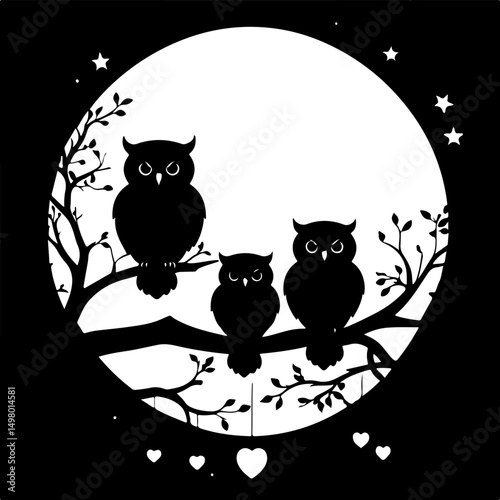 Charming owl family silhouette on a branch under a full moon, perfect for enchanting wall art, nursery decor, and nature-inspired crafts.
