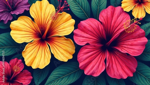 Bold, graphic hibiscus pattern, vibrant colors, print, vivid