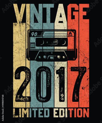 Vintage 2017 Limited Edition Retro T Shirt Design, Vector, Black Background