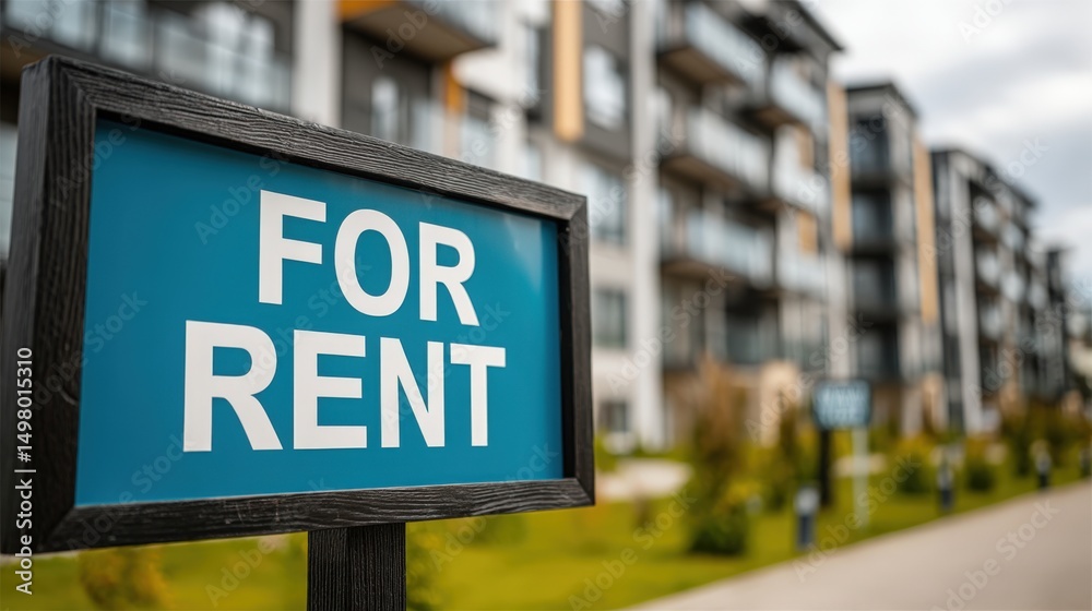 Obraz premium Modern apartment complex with for rent sign in a well-kept yard