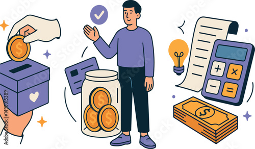 Crowdfunding, investment, fundraising donation set. Characters contribute money for idea, financial support, startup business. Finance outline concept. Vector illustratio