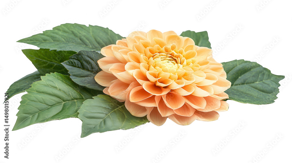 Elegant peach-colored dahlia flower with green leaves on PNG transparent background Elegant peach-colored dahlia flower with green leaves on PNG transparent background