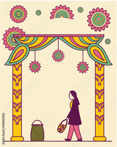 Traditional Desi Wedding Entrance Vector with Woman Carrying Basket – Cultural Mehndi Illustration