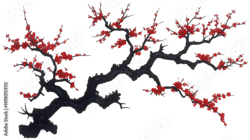 Elegant red plum blossom branch on PNG transparent background artwork