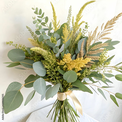 A delicate watercolor arrangement featuring green leaves and golden hearts, blending natural elements with elegance, ideal for invitations.