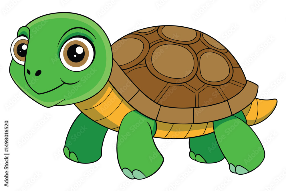 Obraz premium Cartoon Turtle Illustration Green Skin, Brown Shell, Big Eyes, and a Friendly Smile