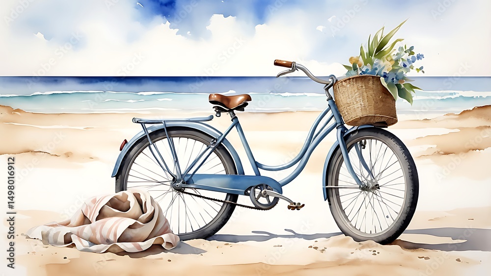 Fototapeta premium Watercolor illustration of vintage bicycle on the beach, towel over handlebar, beach bag.