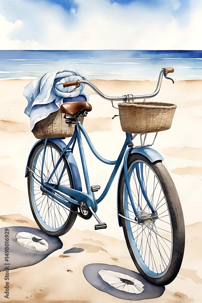 Fototapeta premium Watercolor illustration of vintage bicycle, towel over handlebar, beach bag.