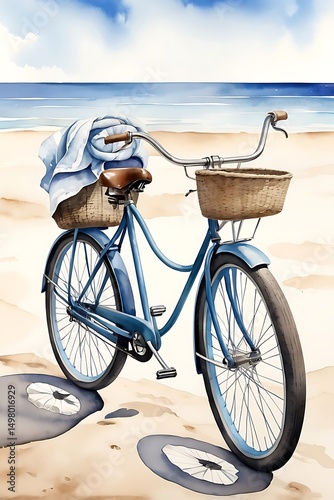 Watercolor illustration of vintage bicycle, towel over handlebar, beach bag.