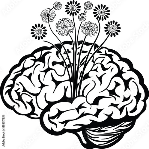 Mindful Growth: An artistic illustration of a human brain, with stylized flowers blossoming, representing the flourishing of thoughts, ideas, and mental well-being