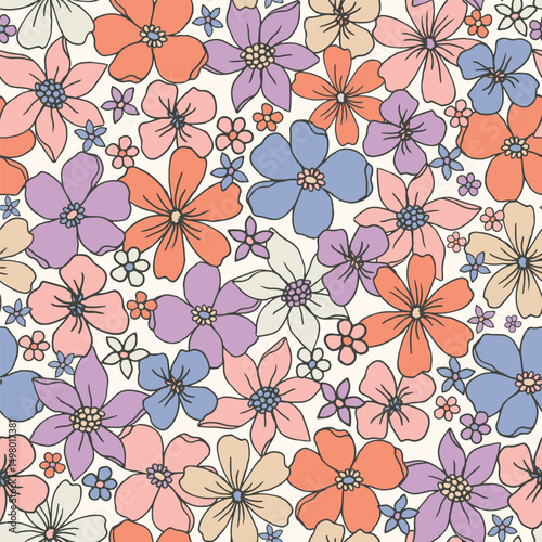 Colorful cute Hand-Drawn vector Floral seamless Pattern with Black Outline on white background