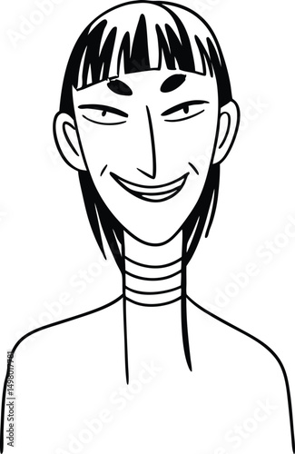 Artful smirk: This illustration captures a close-up view of a stylish individual with a playful smirk. The artful image showcases the subject's face. The design is both minimalist and effective.