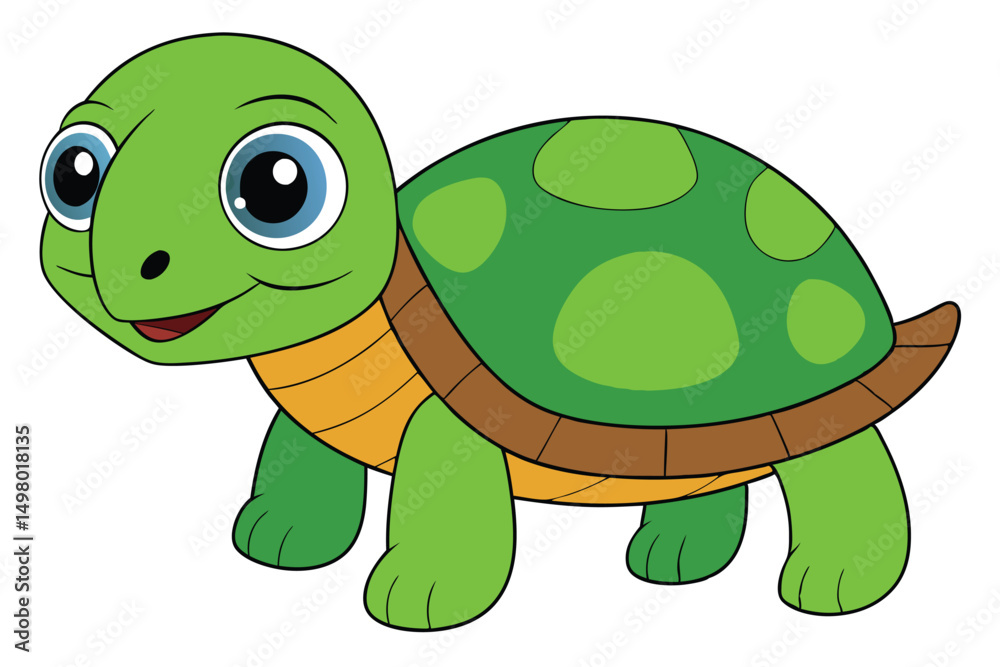 Fototapeta premium Cartoon Green Turtle with Big Blue Eyes, Spotted Shell and Orange Neck Segments